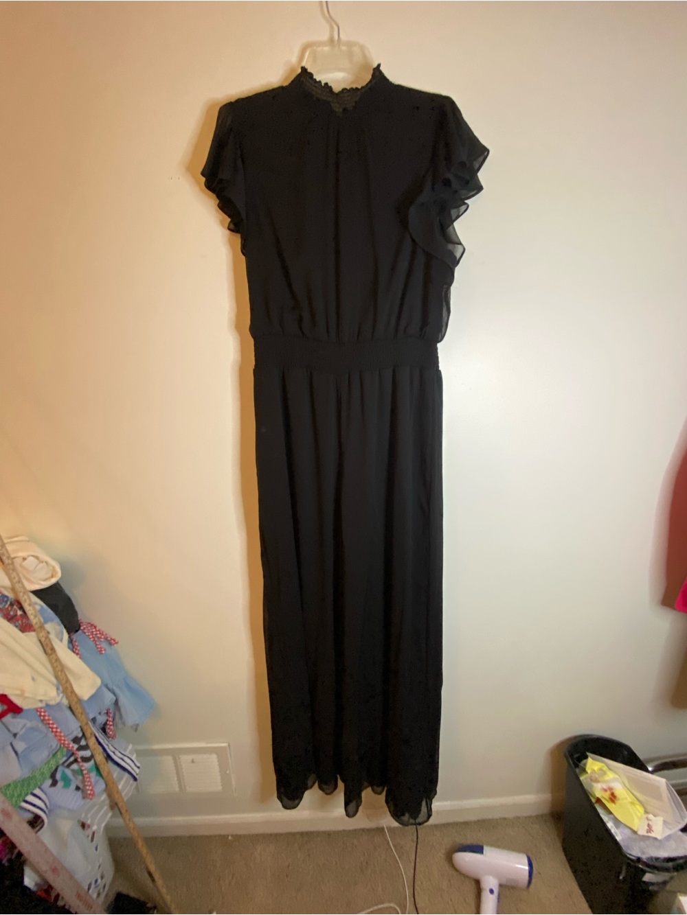 Black Ruffled Sleeve Jumpsuit with High Neck